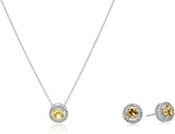 Rhodium Plated Sterling Silver Gemstone and Created White Sapphire Round Halo Earrings and Pendant Necklace Jewelry Set - Choice of Gem Colors