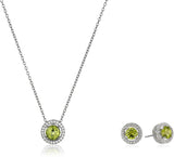 Rhodium Plated Sterling Silver Gemstone and Created White Sapphire Round Halo Earrings and Pendant Necklace Jewelry Set - Choice of Gem Colors