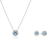 Rhodium Plated Sterling Silver Gemstone and Created White Sapphire Round Halo Earrings and Pendant Necklace Jewelry Set - Choice of Gem Colors