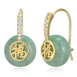 Gold Motif Genuine Green Jade Earrings with Cubic Zirconia and Blessing Symbol - Comfortable Earrings For Women - 14K Gold-Plated Sterling Silver Earrings