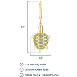 Turtle Dangle Earrings - 14k Gold-Plated Sterling Silver, Genuine Green Jade, Hypoallergenic, Elegant Gift Box Included