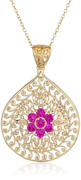 18K Yellow Gold-Plated .925 Sterling Silver Gemstone Evil Eye Teardrop Filigree 1-5/8" Pendant Necklace on 18" Chain - Choice of Birthstones