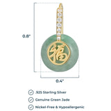 Gold Motif Genuine Green Jade Earrings with Cubic Zirconia and Blessing Symbol - Comfortable Earrings For Women - 14K Gold-Plated Sterling Silver Earrings
