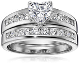 Morgan & Paige Bridal Ring Set - Channel-Set Heart Shaped Cubic Zirconia - 925 Platinum Plated Sterling Silver Wedding and Engagement Ring Set For Women