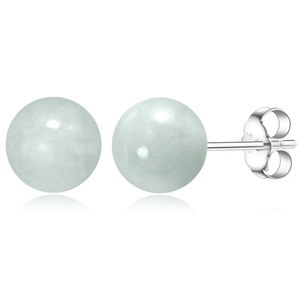 .925 Sterling Silver Natural Gemstone 8mm Round Sphere Ball Stud Earrings with butterfly-back in Green Jade or Purple Amethyst with Butterfly-backs