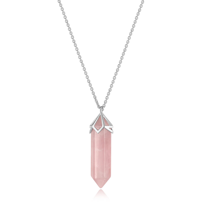 MORGAN & PAIGE .925 Sterling Silver Plated Rose Quartz Crystal Mineral 40x10mm Hexagonal Point Pendulum Chakra Pendant Necklace, 32" + 2"