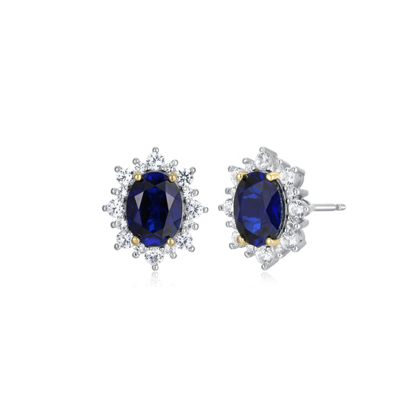 MORGAN & PAIGE .925 Sterling Silver Two Tone Oval Cut Gemstone & Created White Sapphire Starburst Halo 1/2" Stud Earrings for Women - Choice of Gem Colors