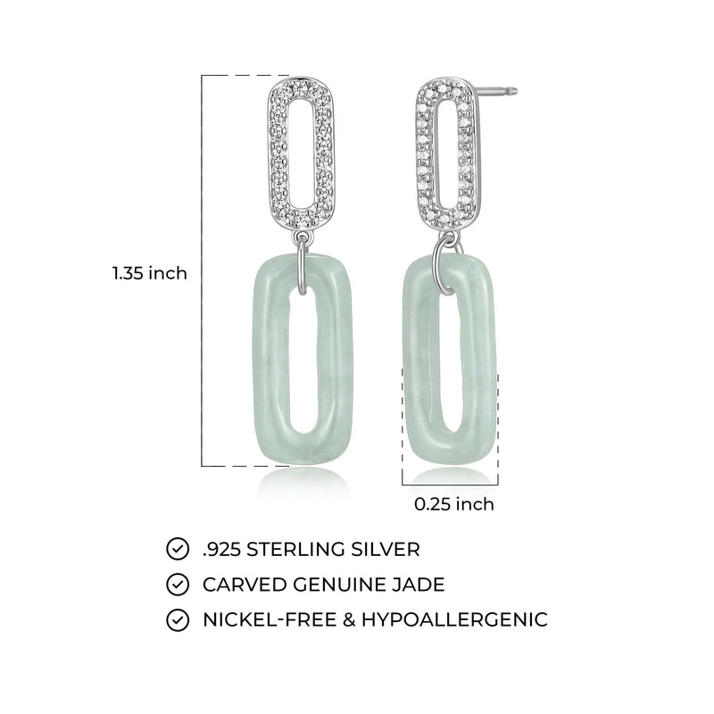 Paperclip Link Earrings – Rhodium-Plated Sterling Silver with Genuine Green Jade and White Topaz, Hypoallergenic and Nickel-free, Elegant Gift Box Included