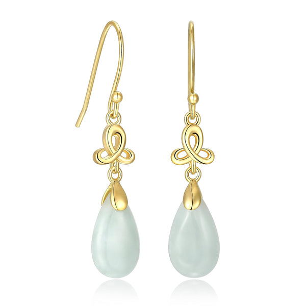 MORGAN & PAIGE .925 Sterling Silver 18K Gold Plated Teardrop Cut Genuine Green Jade Necklaces for Women or Jade Earrings for Women - Celtic Knot Drop Earrings and Wire Frame Pendant Necklace Jewelry