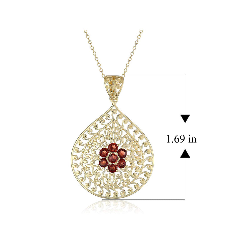 18K Yellow Gold-Plated .925 Sterling Silver Gemstone Evil Eye Teardrop Filigree 1-5/8" Pendant Necklace on 18" Chain - Choice of Birthstones
