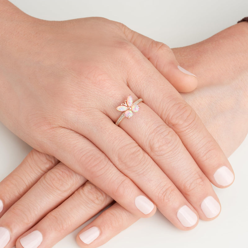 Morgan & Paige 14K Rose Gold Butterfly Ring - Plated .925 Sterling Silver Pink Opal Butterfly Ring For Women - Lab Created Sapphire Ring With Eye Motif Centerpiece