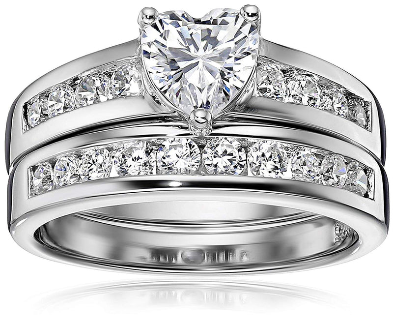 Morgan & Paige Bridal Ring Set - Channel-Set Heart Shaped Cubic Zirconia - 925 Platinum Plated Sterling Silver Wedding and Engagement Ring Set For Women