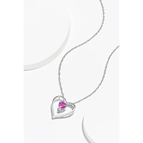 Dainty 925 Sterling Silver Created Pink Sapphire October Birthstone Open Heart Simple Demi Fine Pendant Necklace, 18