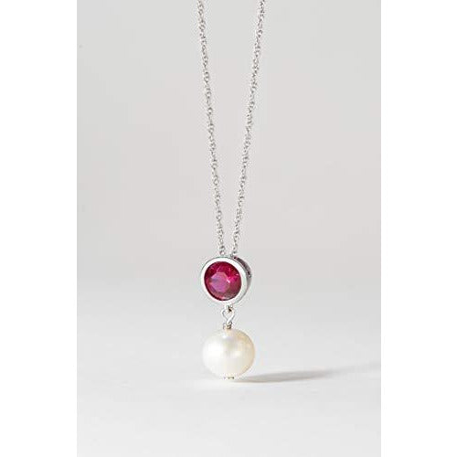 .925 Sterling Silver Bezel-Set Lab-Grown Ruby and 8mm Freshwater Cultured Pearl Drop 3/4" Pendant Necklace on 18" Chain - July Birthstone