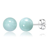 Rhodium Plated .925 Sterling Silver Natural Green Jade 8mm Round Sphere Ball Stud Earrings with Butterfly-Back