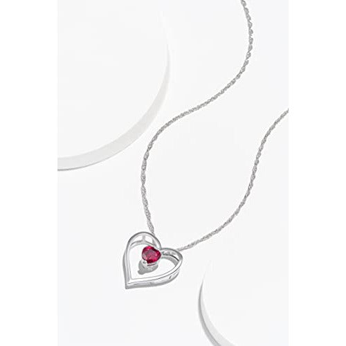 Dainty 925 Sterling Silver Created Ruby July Birthstone Open Heart Simple Demi Fine Pendant Necklace, 18"
