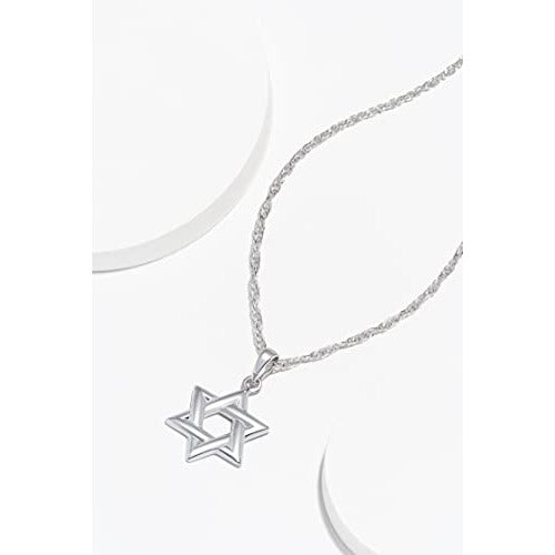 Rhodium Plated 925 Sterling Silver Star of David Pendant Necklace With 18" Cable Chain