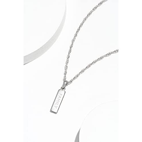 Dainty 925 Sterling Silver "Family" Vertical Bar Sentiment Pendant Necklace With 16" Cable Chain and 2" Extender
