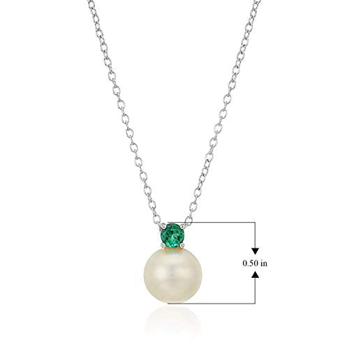 .925 Sterling Silver 3mm Lab-Grown Emerald and 8mm Freshwater Cultured Pearl 1/2" Pendant Necklace on 18" Chain - May Birthstone