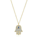 18K Yellow Gold Plated 925 Sterling Silver Crystal Blue and White Hamsa Hand of Fatima Necklace, 18"