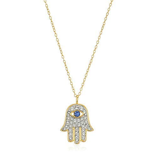 18K Yellow Gold Plated 925 Sterling Silver Crystal Blue and White Hamsa Hand of Fatima Necklace, 18"