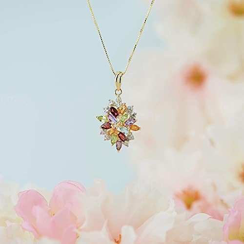 18K Yellow Gold-Plated 925 Sterling Silver Garnet, Blue Topaz, Amethyst, Citrine and Peridot Diamond-Accented Cluster Pendant Necklace, 18"