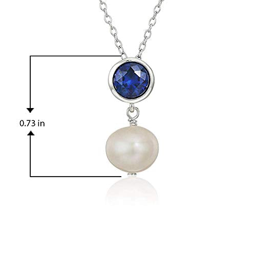 .925 Sterling Silver Bezel-Set Lab-Grown Blue Sapphire and 8mm Freshwater Cultured Pearl Drop 3/4" Pendant Necklace on 18" Chain - September Birthstone