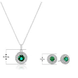 .925 Sterling Silver & Round Created Emerald 18" Pendant Necklace and Stud Earrings Set with Created White Sapphire Double Halo Styling - May Birthstone