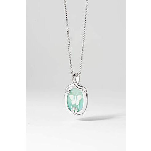 925 Sterling Silver Carved Genuine Green Agate Butterfly Cameo Pendant Necklace, 18"