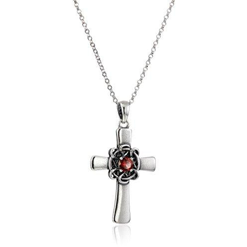 Oxidized Sterling Silver Genuine Garnet Celtic Cross Pendant Necklace, 18"