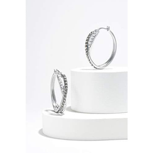 Sterling Silver Black and White Crossover Hoop Earrings Made with Swarovski Crystal (1" diameter)