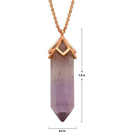 14K Rose Gold Plated Cape Amethyst Crystal 40x10mm Hexagonal Point Pendulum Chakra Pendant Necklace, 32+2"
