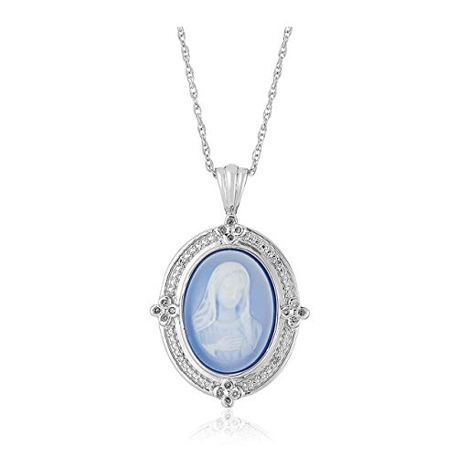 925 Sterling Silver 1/10 Cttw Diamond and Carved Genuine Blue Agate 1-3/8" Madonna Virgin Mary Cameo Pendant Necklace, 18" (I-J Color, I3 Clarity)