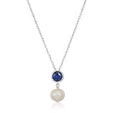 .925 Sterling Silver Bezel-Set Lab-Grown Blue Sapphire and 8mm Freshwater Cultured Pearl Drop 3/4" Pendant Necklace on 18" Chain - September Birthstone