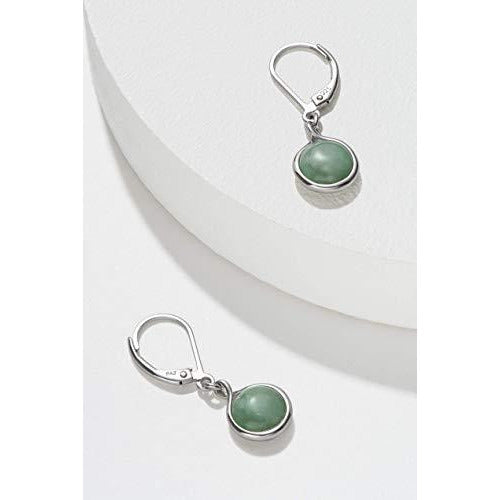 .925 Sterling Silver Genuine Green Jade Bezel Set Round Leverback 1-1/8" Drop Earrings