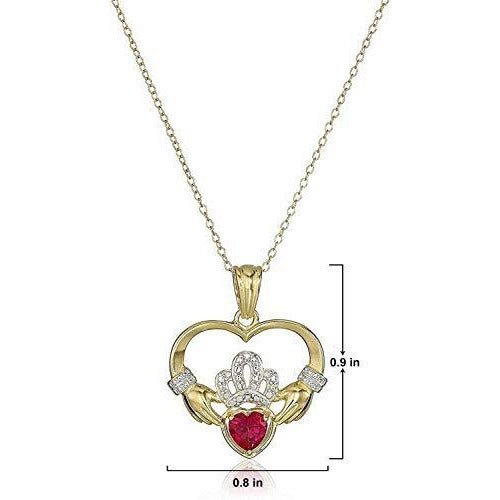 18K Yellow Gold-Plated .925 Sterling Silver Lab-Grown Ruby Diamond-Accented 1" Claddagh Heart Pendant Necklace on 18" Chain - September Birthstone