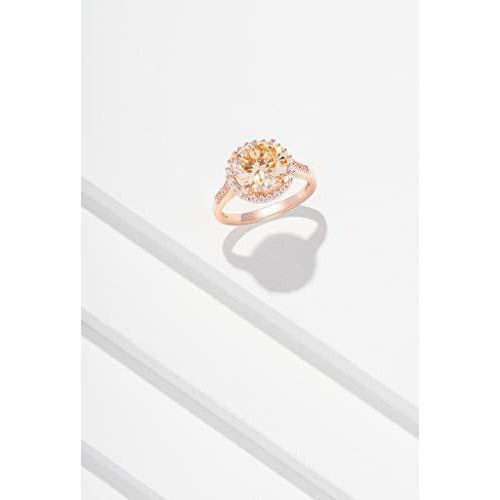 14K Rose Gold Plated .925 Sterling Silver Champagne & Clear Cubic Zirconia Halo Engagement Ring, Size 7