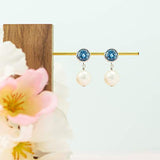 925 Sterling Silver Bezel-Set Created Aquamarine March Birthstone and 8mm White Freshwater Cultured Pearl Post Drop Earrings