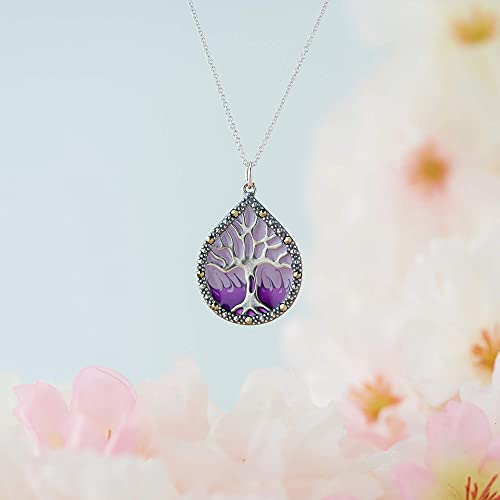 .925 Sterling Silver Genuine Marcasite Enamel Tree of Life 1-1/3" Pendant Necklace on 18" Chain - Purple
