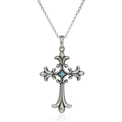 Rhodium-Plated Sterling Silver Oxidized Genuine Swiss Blue Topaz Celtic Cross Pavé-Setting Pendant Necklace, 18"