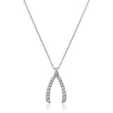 Rhodium Plated .925 Sterling Silver Crystal 1" Lucky Wishbone Pendant Necklace on 18" Chain