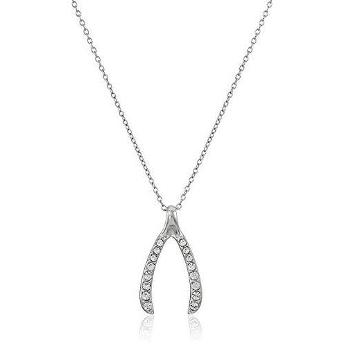 Rhodium Plated .925 Sterling Silver Crystal 1" Lucky Wishbone Pendant Necklace on 18" Chain