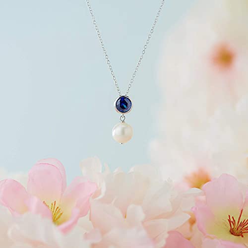 .925 Sterling Silver Bezel-Set Lab-Grown Blue Sapphire and 8mm Freshwater Cultured Pearl Drop 3/4" Pendant Necklace on 18" Chain - September Birthstone