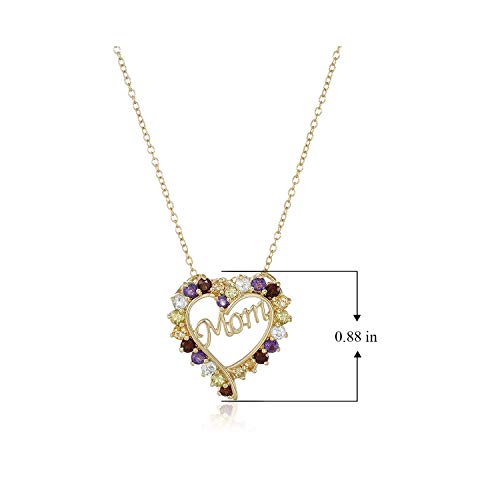 18K Yellow Gold Plated Sterling Silver Genuine Gemstone Prong-Setting"Mom" Heart Pendant Necklace, 18"