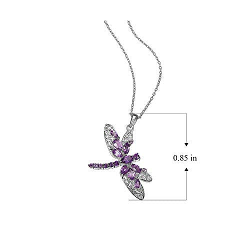 .925 Sterling Silver Genuine African and Brazilian Amethyst with White Topaz 1-1/3" Dragonfly Pendant Necklace on 18" Chain