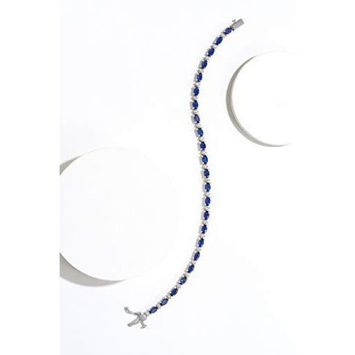 .925 Sterling Silver Oval Created Blue Sapphire and Diamond Accent Tennis Bracelet, 7-1/4"
