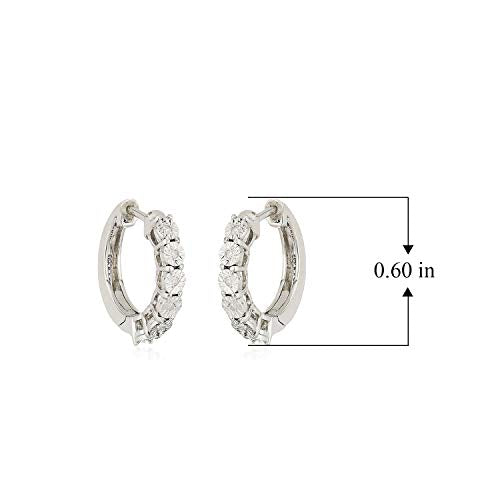 Rhodium-Plated .925 Sterling Silver 1/20 Cttw 4-prong setting Diamond-Accent Diamond Cut Huggie Petite 5/8" Round Hoop Earrings (I-J Color, I2-I3 Clarity)
