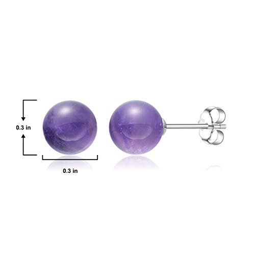 Rhodium Plated .925 Sterling Silver Natural Purple African Amethyst 8mm Round Sphere Ball Stud Earrings with Butterfly-Back