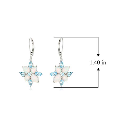 Rhodium-Plated Sterling Silver Created Opal and Genuine Swiss Blue Topaz 3-prong setting Flower Leverback Dangle Earrings