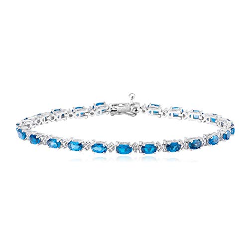 .925 Sterling Silver Oval Genuine London Blue Topaz and Diamond Accent Tennis Bracelet, 7-1/4"